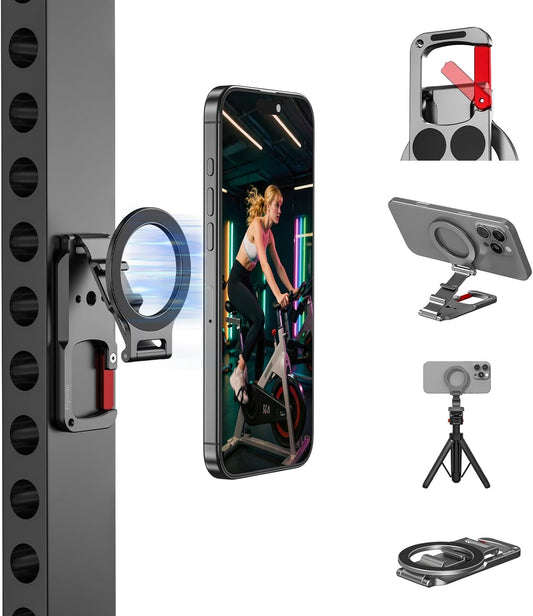 Magnetic Phone Mount for MagSafe, Maglock Tripod Adapter Magnet Golf Gym Workout Stand Metal Carabiner Holder with 1/4 Screw Hole, for iPhone 16 15 14 13 12 Series Foldable Portable Accessories