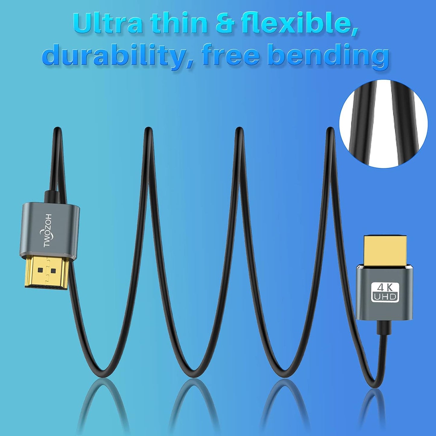 Twozoh Flexible & Slim HDMI Cable 10FT 3 Pack, Ultra Thin HDMI Cord Supports High Speed 4K@60Hz 18gbps 2160P/1080P