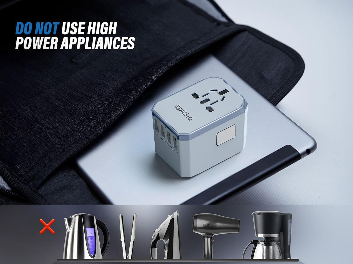 EPICKA European Travel Plug Adapter, Universal Travel Adapter - International Power Adapter Worldwide Charger with USB-C & 4 USB-A Ports, Travel Essentials for Italy, Japan, Europe, UK (TA-105, Blue)