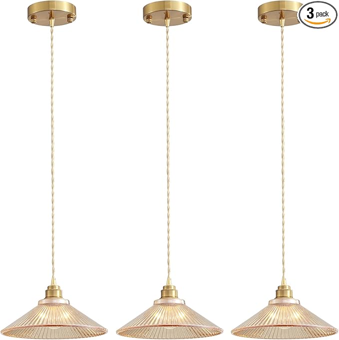 Pendant Light Fixture for Kitchen Island, Modern Hanging Lamp for Dinning Room, Adjustable Hanging Lights with Glass Shade for Bedroom Hallway Bar(glod,3 Pack)…