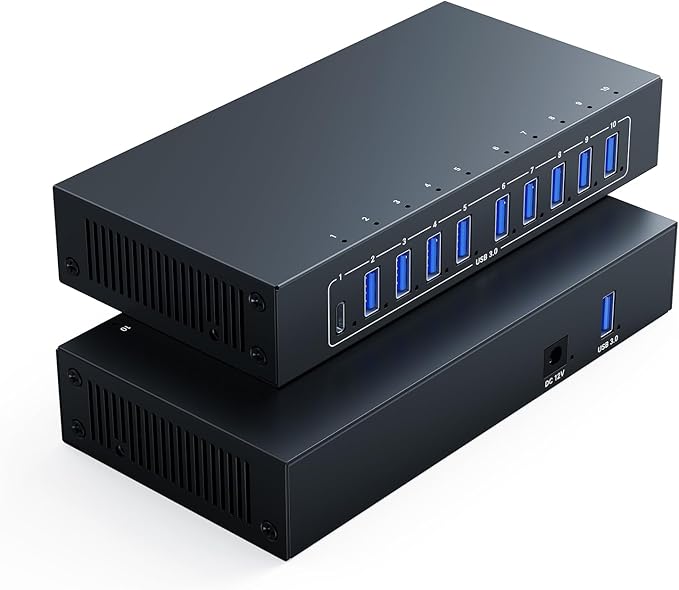 10 Port USB 3.0 Hub, Industrial Powered USB Data Hub with 12V/3A Adapter 105W Output, Rugged Metal Case Mountable USB Expander Splitter