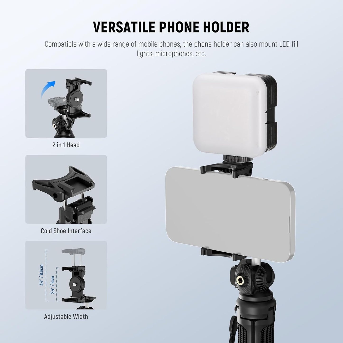 NEEWER TP38 Phone Camera Tripod, 15" Extendable Selfie Stick Metal Stand with Phone Holder, Action Camera Adapter Compatible with Hero 12 11 10 9, 360° Ball Head Travel Tripod for Vlogging