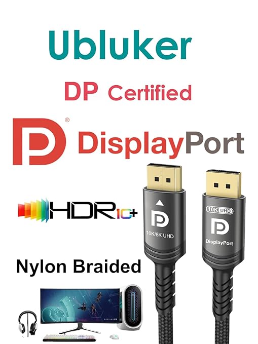10K 8K DisplayPort 2.1 Cable 54Gbps 16.4 FT, Certified DP to DP Cord 4K 240Hz 165Hz 144Hz 120Hz 10K 8K 120Hz Nylon Braided UHBR HDCP2.3 FreeSync G-Sync RTX5090 Gaming Monitor PC Projector