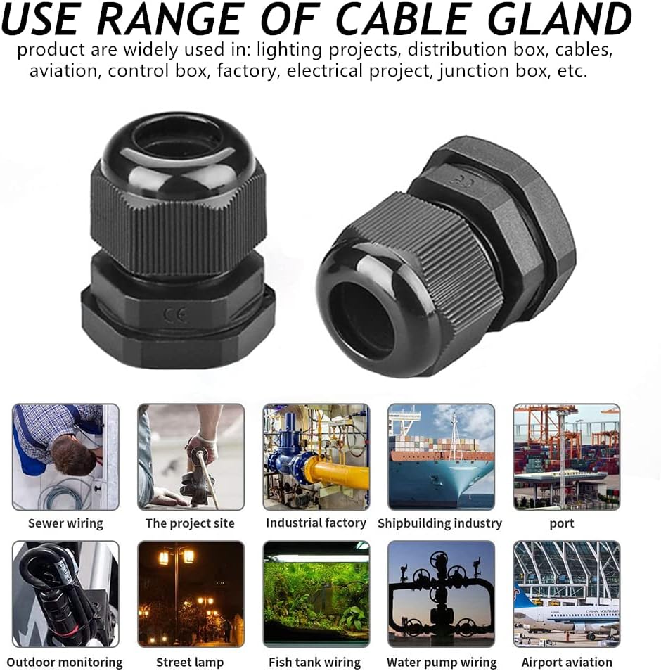 PENGLIN Cable Glands 1/4" NPT Nylon Cable Connector, Strain Relief Cord Connector, IP68 Waterproof Adjustable Locknut(1/4 Inch (20-Pack))