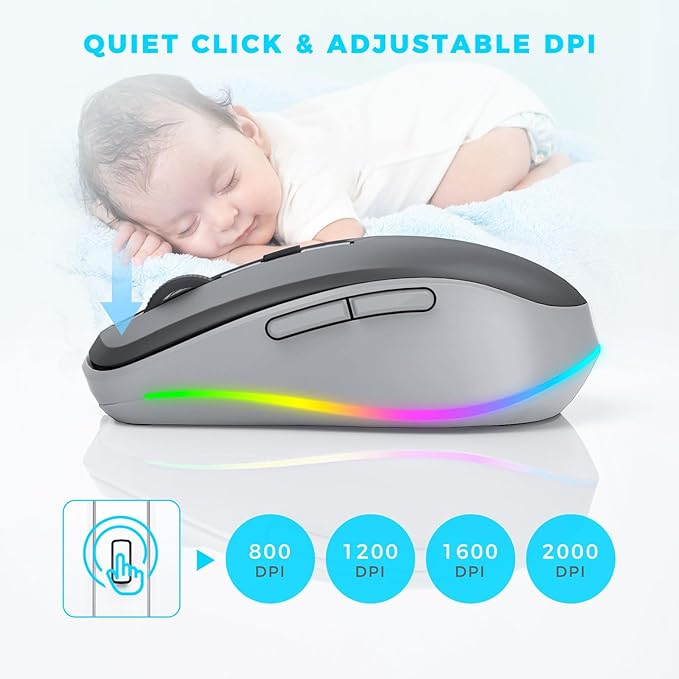 PEIOUS Wireless Mouse Jiggler - LED Wireless Mice with Build-in Mouse Mover, Rechargeable Moving Mouse for Laptop with Undetectable Random Movement Keeps Computers Awake - Black & Grey