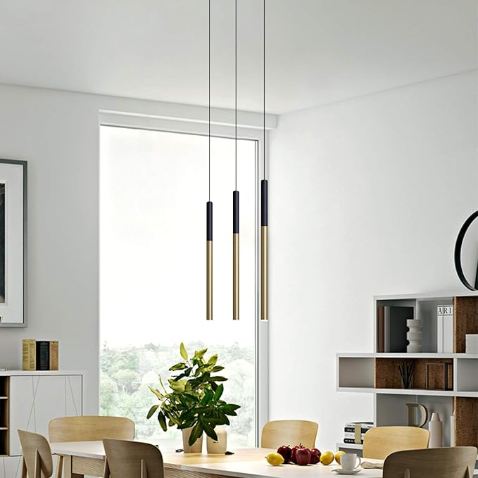 ALTAIR 3 Mini Pendant Lighting Black-Brass - LED Hanging Light Fixture for Kitchen Island, Bar, Foyer - Cluster Pendants - Dimmable, Adjustable Wire, Lamp Bulb Included