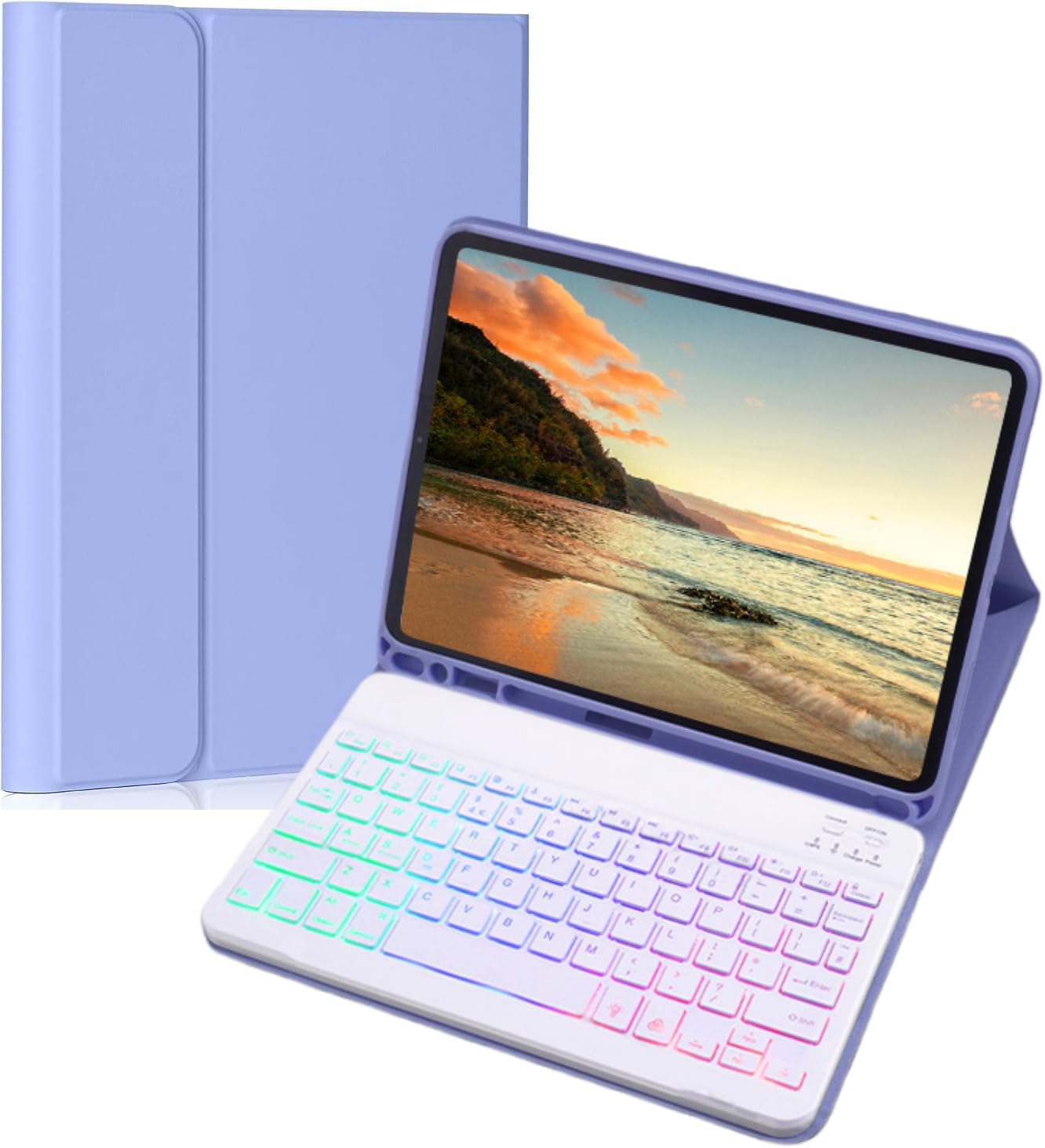 Keyboard Case for Galaxy Tab S10 Lite/ S10 FE/ S9 FE/S9/S8/S7, Slim Lightweight 7 Color Rainbow Backlight Detachable Magnetic Keyboard Cover with S Pen Holder, Purple