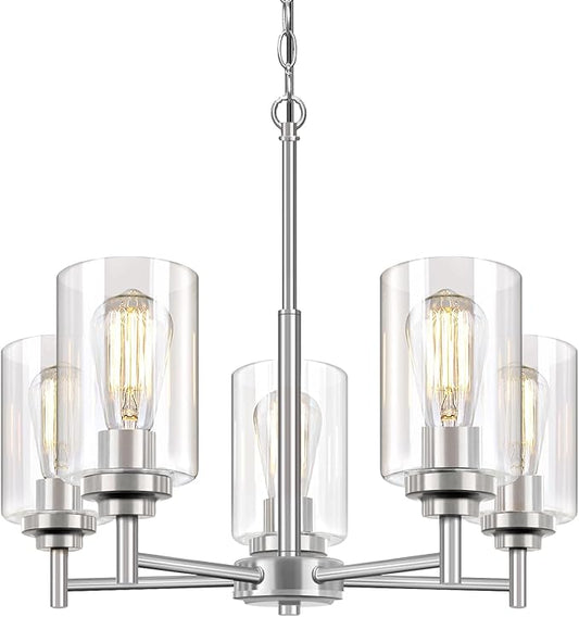 19.8'' 5-Light Chandelier for Dining Room Kitchen Island, Modern Farmhouse Pendant Lighting with Glass Shades Industrial Brushed Nicke Hanging Ceiling Light Fixture for Living Room, Height Adjustable