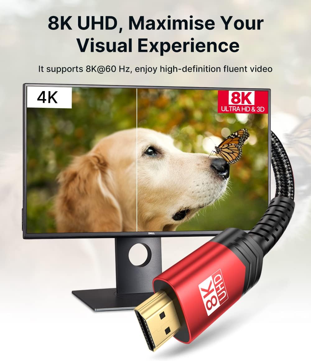 JSAUX 8K HDMI Cable 2 Pack 10ft, 48Gbps High Speed HDMI 2.1 Braided HDMI Cord, 4K 120Hz 144Hz, 8K 60Hz, Dynamic HDR, DTS:X, 2K, 1080P, 3D, eARC Compatible with Laptop, TV Gaming Monitor PS5 PS4 -Red