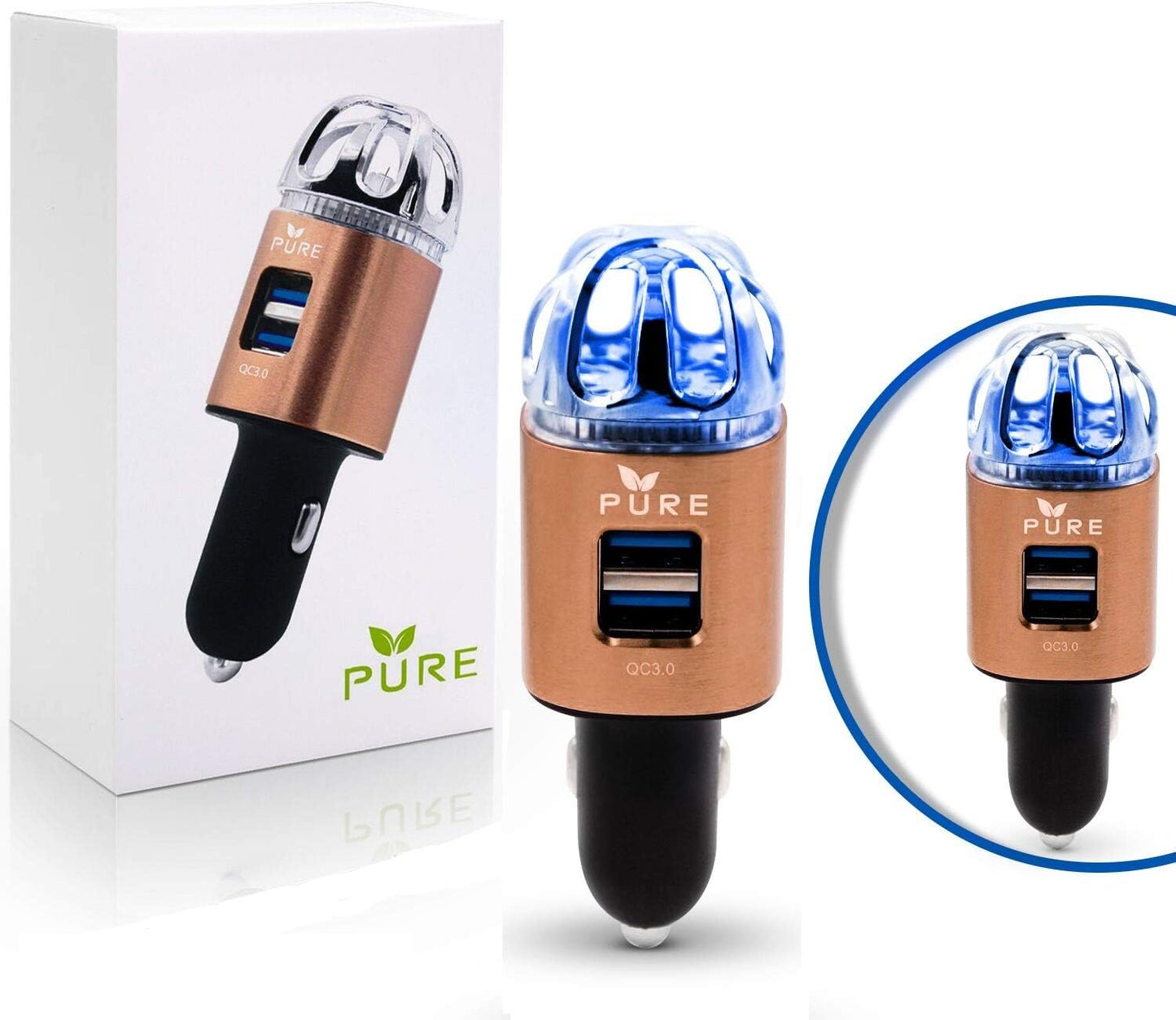 Car Air Purifier 3in1 Premium Stainless Steel Air Filter Ionizer w/Dual USB Quick Charge 3.0 USB-Eliminate Allergens Odor Smell, Smoke, Pets, Pollen Mold Bacteria w/Anti-Microbial Deodorizer (Bronze)