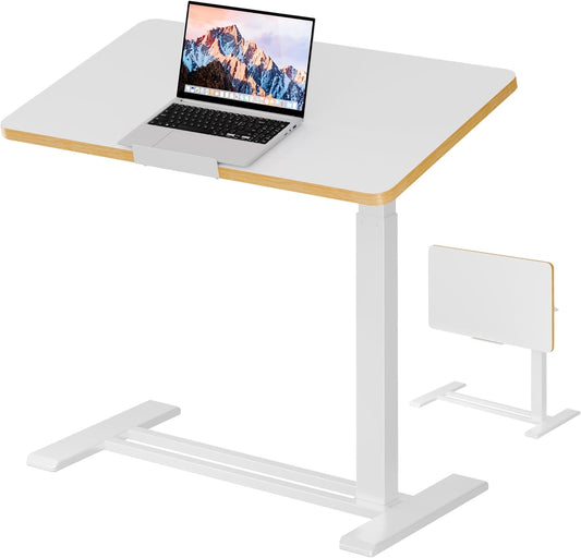 SANODESK Medical Adjustable Overbed Bedside Table with Casters 90° Tilt Top Pneumatic Mobile Rolling Laptop Computer Standing Desk Cart with Tray, Hospital and Home Use(27.6" W x 15.7" D, White)
