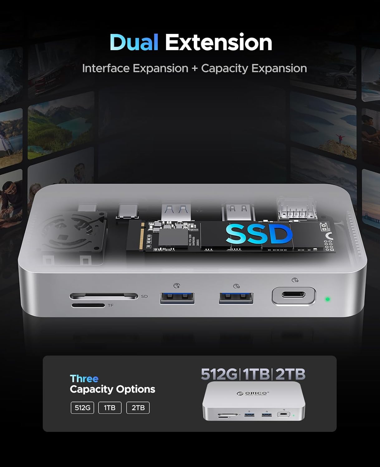 ORICO 2 TB External SSD Docking Station, SSD Expansion + Hub Extension, Up to1000MB/s, 10-in-1 USB C HUB with Internal SSD, Support 4K@60Hz HDMI Display, 100W PD, Ethernet, SD/TF, Mac Mini - SJ10