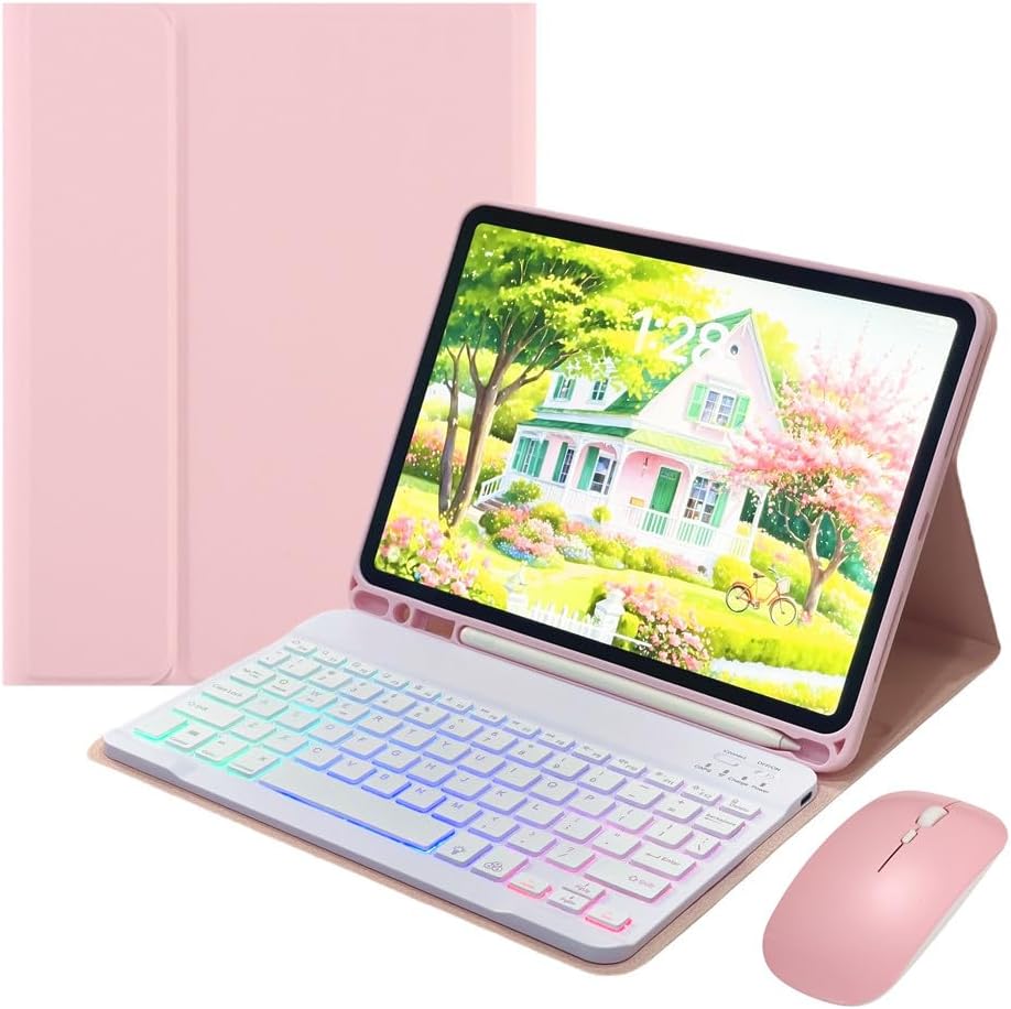 Rainbow Backlit Keyboard Case for iPad Air 13-inch (M3/M2), iPad Pro 12.9 (6th/5th/4th/3rd Gen) with Mouse and RGB Colorful Backlight Detachable Keyboard Cover,Pink