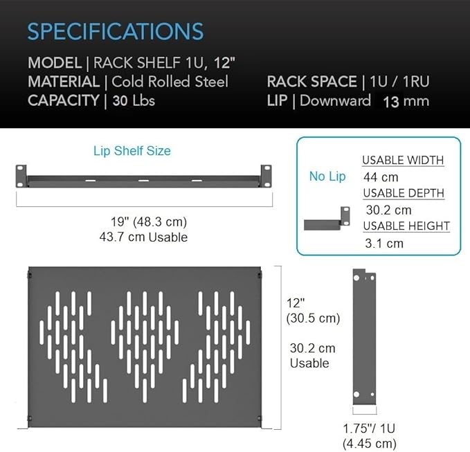 Beiyier 1U Server Rack Shelf, Suitable for 19" Network Equipment Racks and Cabinets, Ventilated Cantilever Tray, Depth of 12 inches, Well-Ventilated (1PCS, Black)