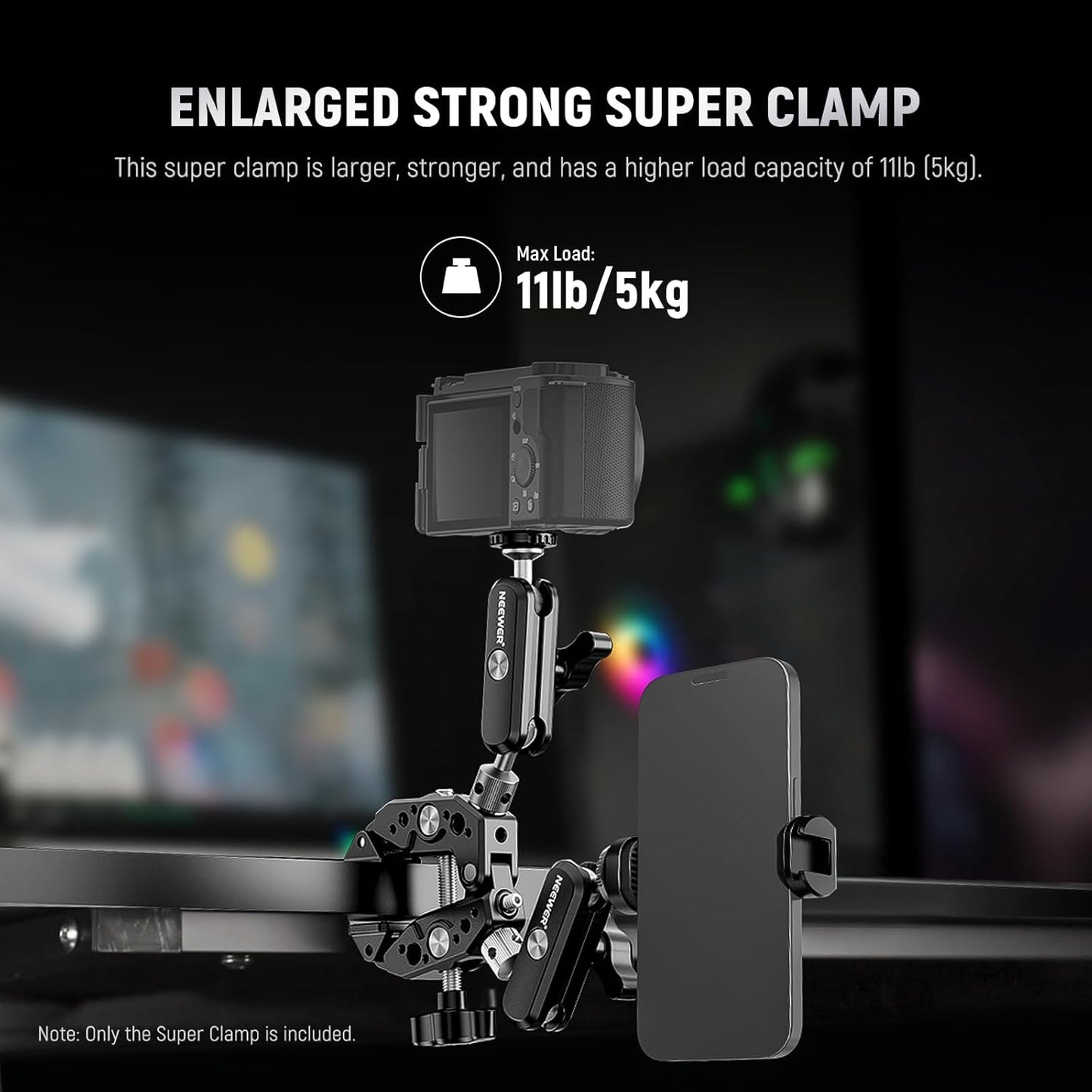 NEEWER Heavy Duty Super Clamp with Two 360° Dual Ball Head Magic Arms, 1/4" 3/8" Screw Threads, Phone & Action Camera Mount Adapter for Flat/Round Surface Compatible with GoPro DJI Insta360 DSLR