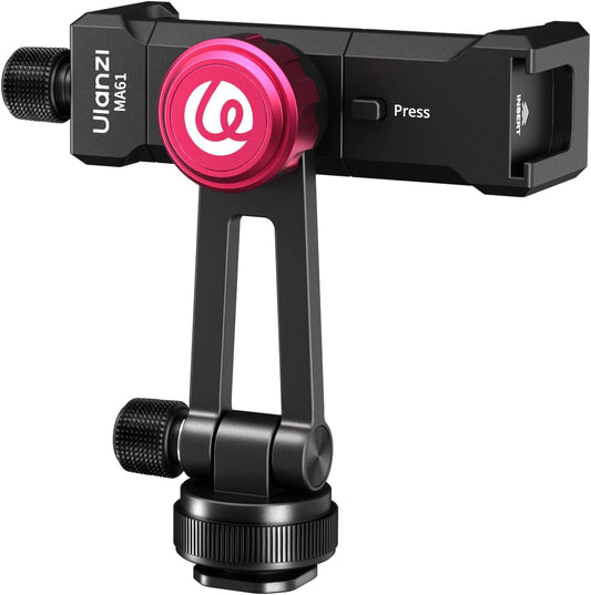 ULANZI MA61 Metal Phone Tripod Mount with Cold Shoe, 360° Adjustable Hot Shoe Camera Phone Mount for iPhone 16 15 14 Pro Max, Samsung Galaxy, Aluminum Alloy Clamp for Vlogging, Live Streaming, Video