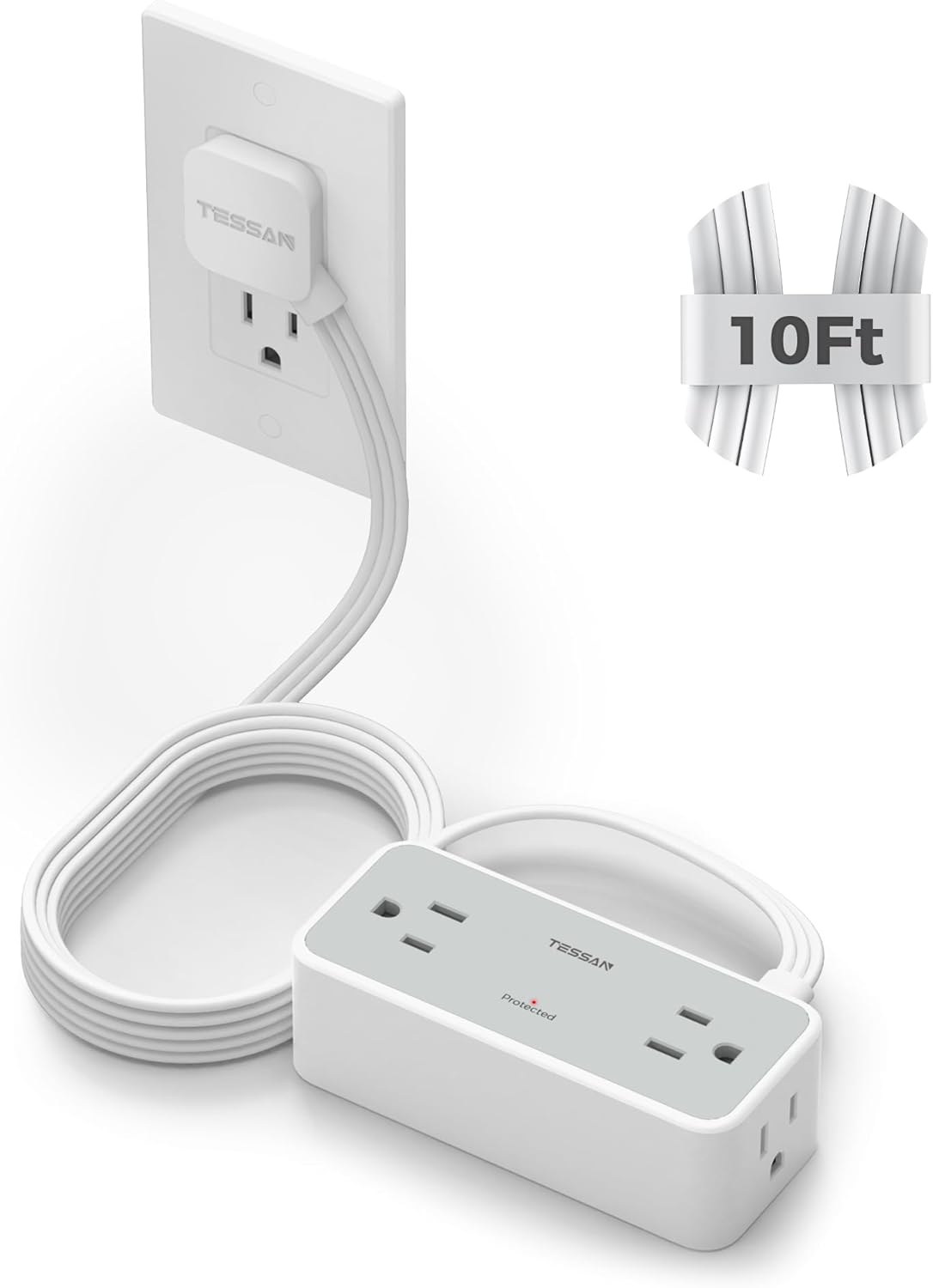 Surge Protector Power Strip, TESSAN Flat Plug Extension Cord 10 FT with 4 Wide Spaced AC Outlets, 900J Protection, Wall Mountable Charging Station for Home Office School Dorm Room Essentials