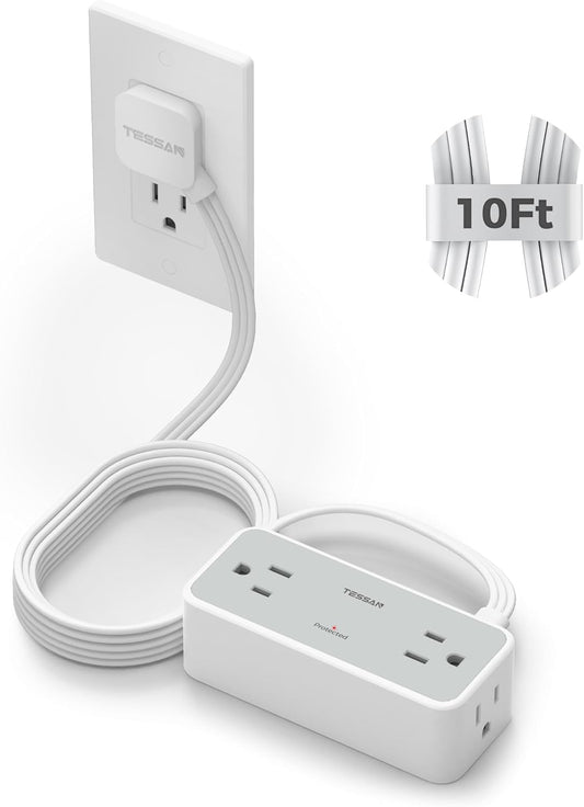 Surge Protector Power Strip, TESSAN Flat Plug Extension Cord 10 FT with 4 Wide Spaced AC Outlets, 900J Protection, Wall Mountable Charging Station for Home Office School Dorm Room Essentials