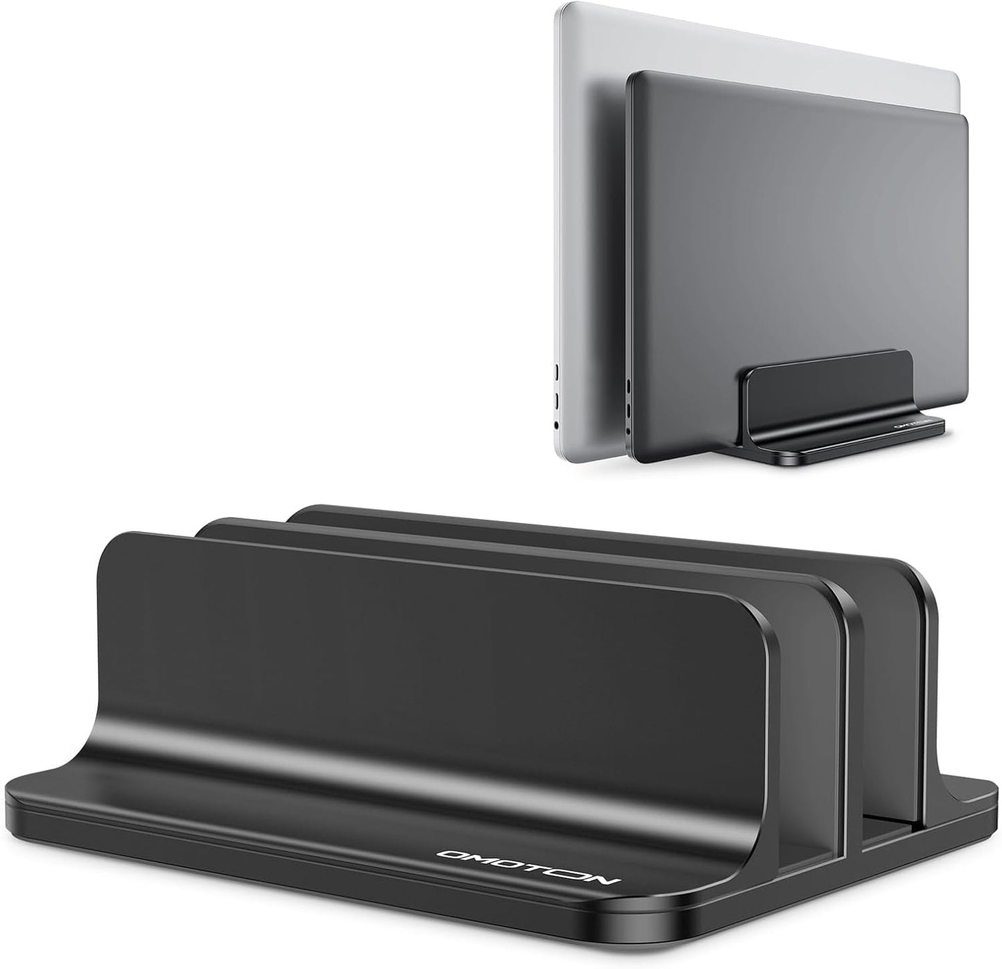 OMOTON Vertical Laptop Stand [Updated Double Version], Desktop Aluminum Mac Book Stand with Adjustable Dock Size, Fits All Mac Book, Surface, Chrome Book and Gaming Laptops (Up to 17.3 inch) (Black)