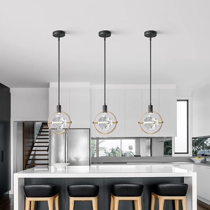 Modern Crystal Pendant Light in Black Mini Dimmable Integrated LED Light Fixtures Metal Rod Ceiling Black Gold Chandelier for Kitchen Island Bedroom Dining Room Bar(1-Lights)