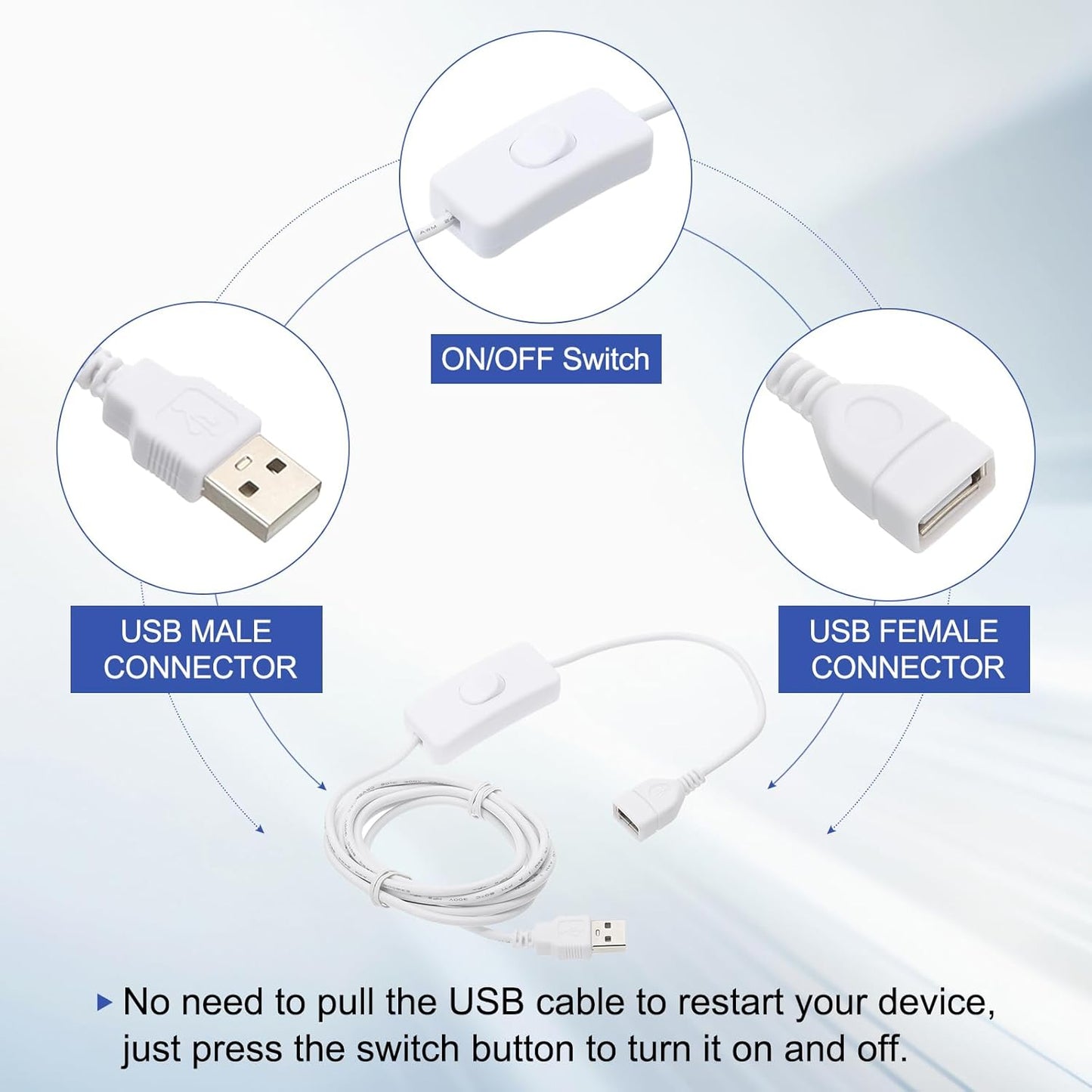 MECCANIXITY USB Extension Cable with ON/Off Toggle Switch 2m USB Male to Female Extension Cord for Desk Lamp Fan LED Light Strip White Pack of 2