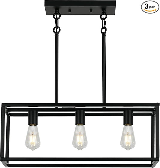 XILICON Kitchen Island Lighting 3 Black Farmhouse Modern Linear Chandelier Industrial Dining Room Rectangular Light Fixtures for Living Room Foyer Bar