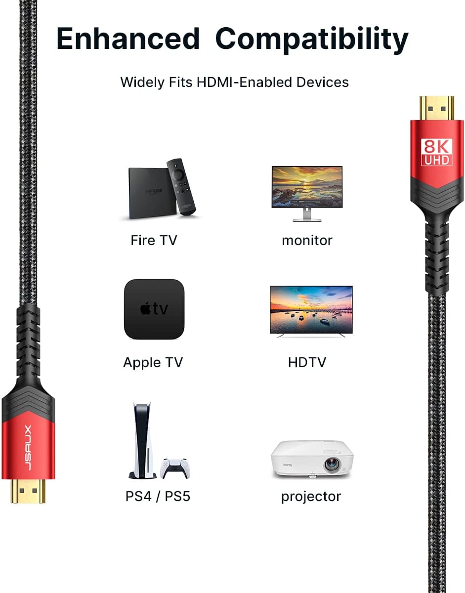JSAUX 8K HDMI Cable 2.1 6ft 6 Pack, 48Gbps High Speed HDMI Cable Braided HDMI Cord, 4K 120Hz 144Hz, 8K 60Hz, Ultra HD, 2K, 1080P, 3D, eARC Compatible with Laptop UHD TV Gaming Monitor PS5 PS4 -Red