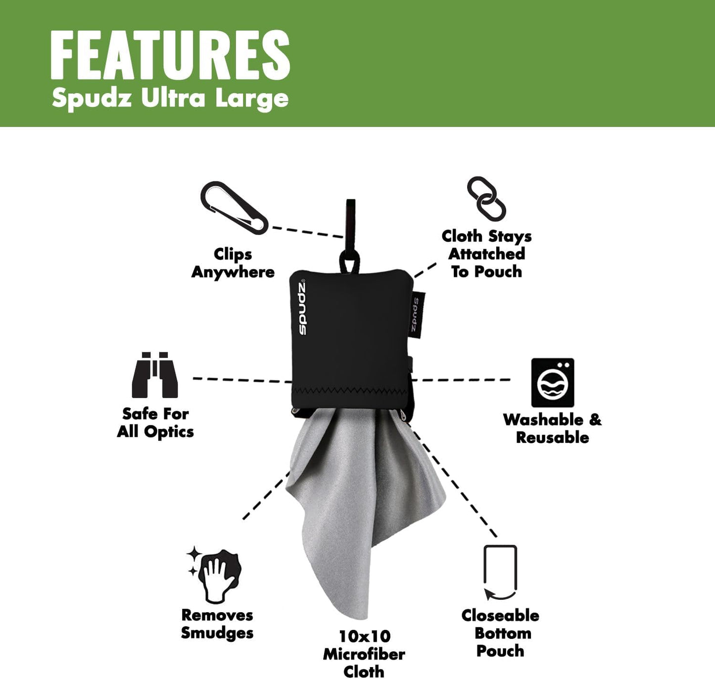 SPUDZ Ultra Microfiber Lens Cleaner – Closable Pouch, Clip-On, Washable – for Optics, Scopes, Glasses | Stealth Shadow, 10 x 10 Inch