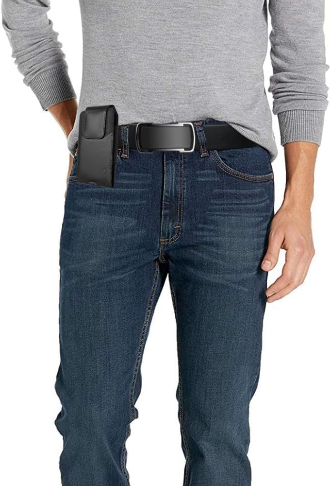 Leather Cell Phone Holster for Cricket Debut, Icon, AT&T Radiant Core, Calypso 2, Moto E6, G7 Play, Alcatel Onyx, REVVLRY REVVL2 - Vertical Case Waist Carrying Pouch with Belt Clip/Loops, Black