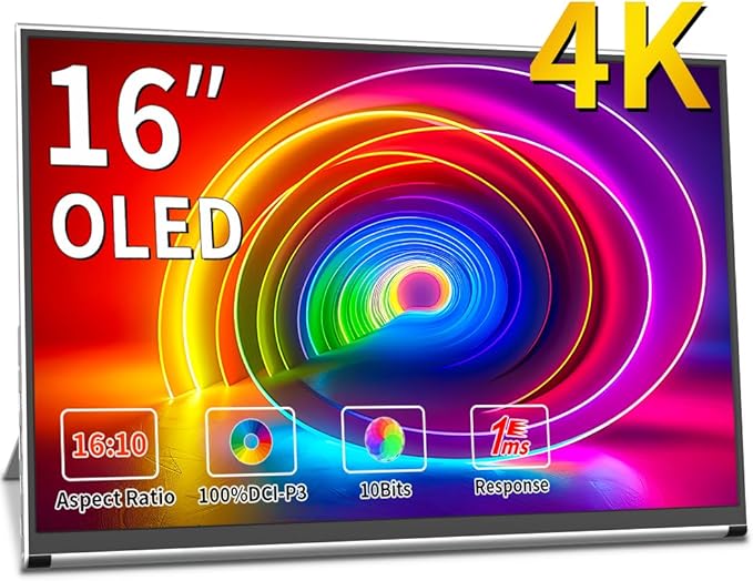 OLED Portable Monitor- 4K Portable Laptop Display 16 Portable Gaming Monitor 100% DCI-P3 HDMI/USB-C External Screen for Laptop Phone/Switch/Xbox
