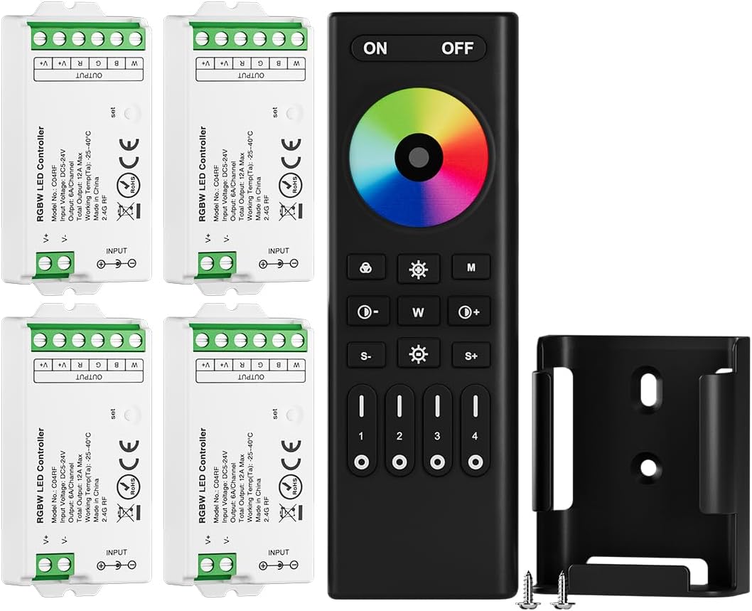 BTF-LIGHTING 2.4GHz Wireless RF Remote RC03RFB &4PCS C04RF Tuya Controller Kit 4 Zones Group Control 5050SMD FCOB COB PWM RGBW (+ R G B W) 5pin LED Strip DC5V DC12V DC24V