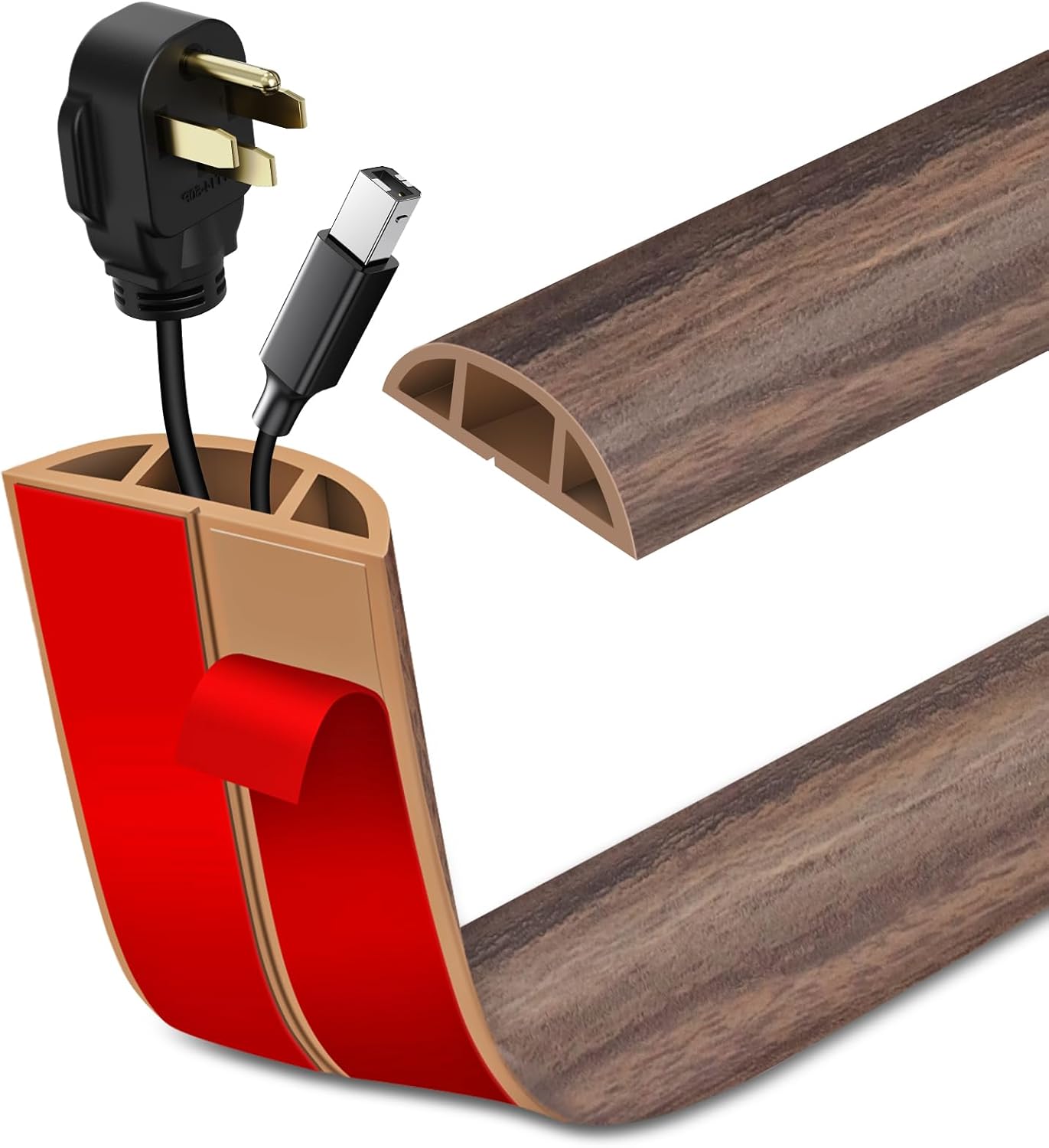 Floor Cord Cover Self Adhesive Cord Hider Floor Extension Cord Covers for Floor Power Cord Protector Cable Management Prevent Cable Trips Cable Cavity 0.59" W x 0.31" H (Smoked Brown Wood, 3.3Ft)