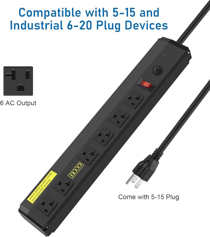 CCCEI Heavy Duty Power Strip Surge Protector 20 Amp, High Amp Industrial Shop Garage Metal Multiple Outlets, 12 FT 12 Gauge 5-15P Extension Cord 6 Outlet 6-20R T-Slot 20a for Appliance, Black.