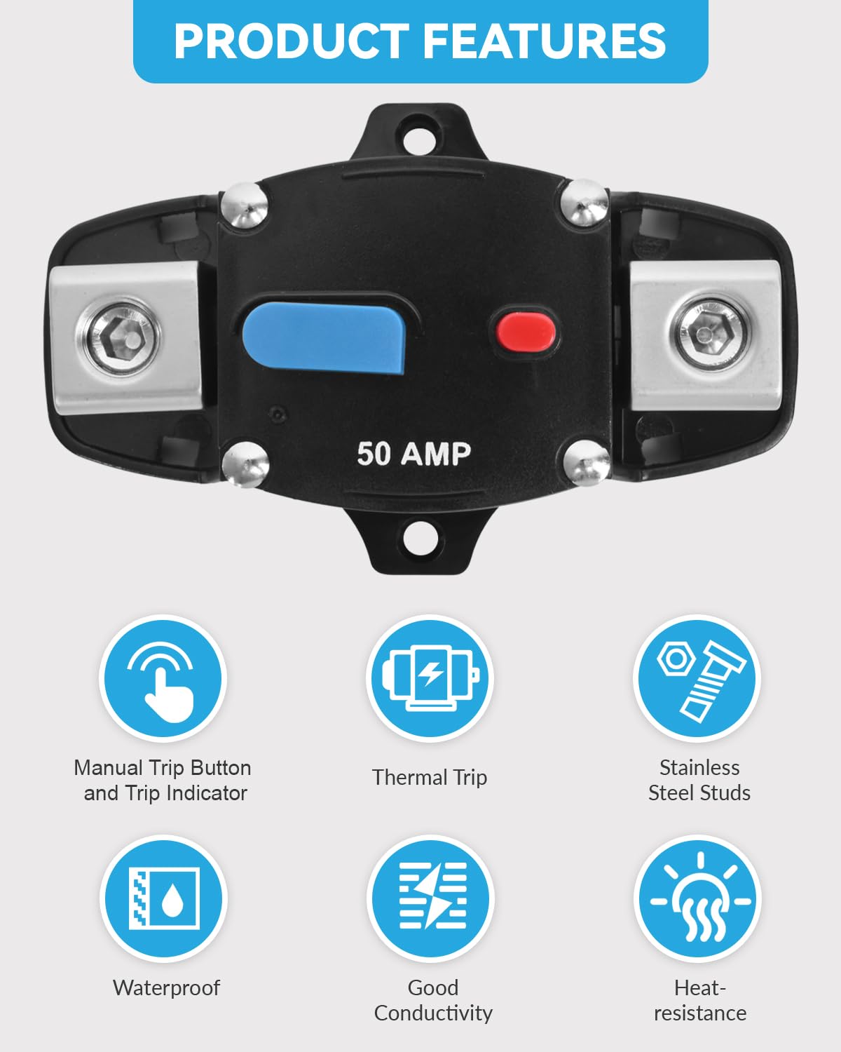 100 Amp Circuit Breaker 12-48 Volt DC 100A Self Recovery Resettable High Amp Circuit Breaker with Manual Reset Button for Automotive RV Marine Boat Car Audio and Amps Protection