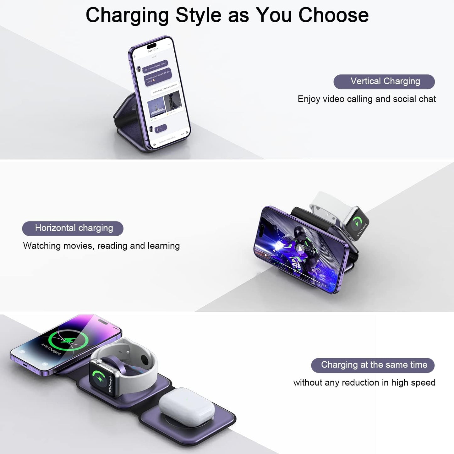 Wireless Charger 3 in 1,RTOPS Magnetic Travel Wireless Charging Station Multple Devices,GaN 3 in 1 Charging Station,Compatible for iPhone16/15/14/13/Pro/Max,iWatch,AirPods4/3/2/Pro(Adapter Includes)