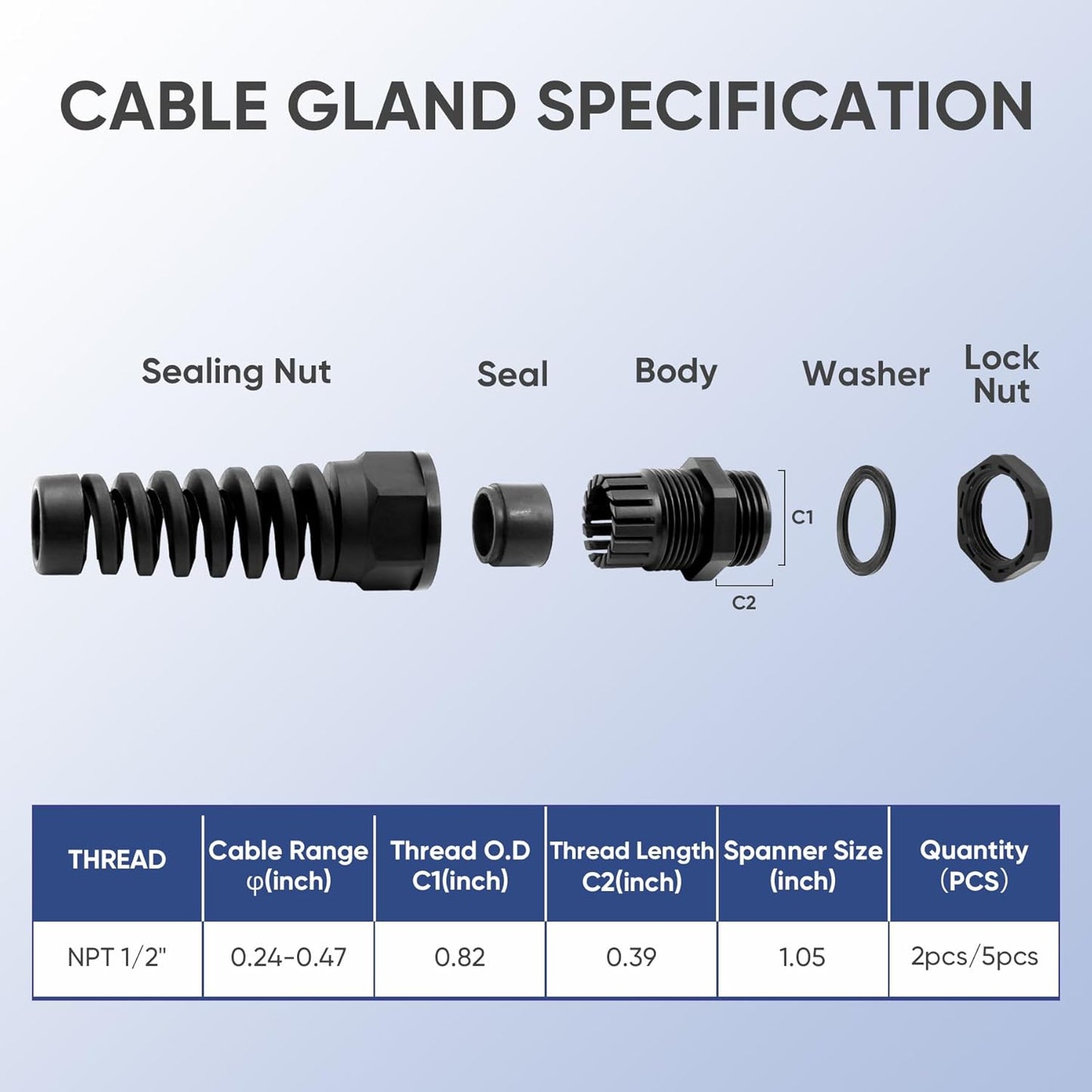 Strain Relief Cord Connector,LISTENJIALE 5Pcs NPT 1/2" Waterproof Cable Gland Flex Spiral Strain Relief Adjustable 6-12mm Cable Connector Nylon Joint with Gaskets(Black)