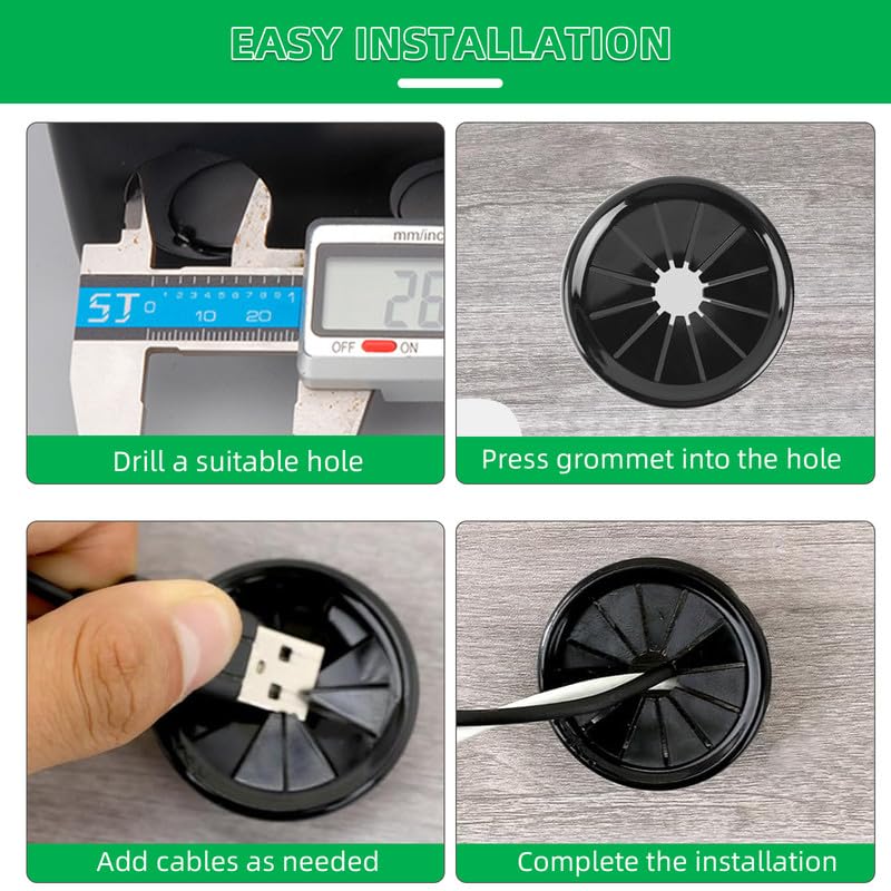 4PCS Cable Grommets, 2-9/16"(65mm) Desk Hole Cover Petal Shaped Buckle Type Nylon Snap Bushing Grommet, Wire Hole Cover Insert for Cables and Cords Management and Protection of Cabinet, Black