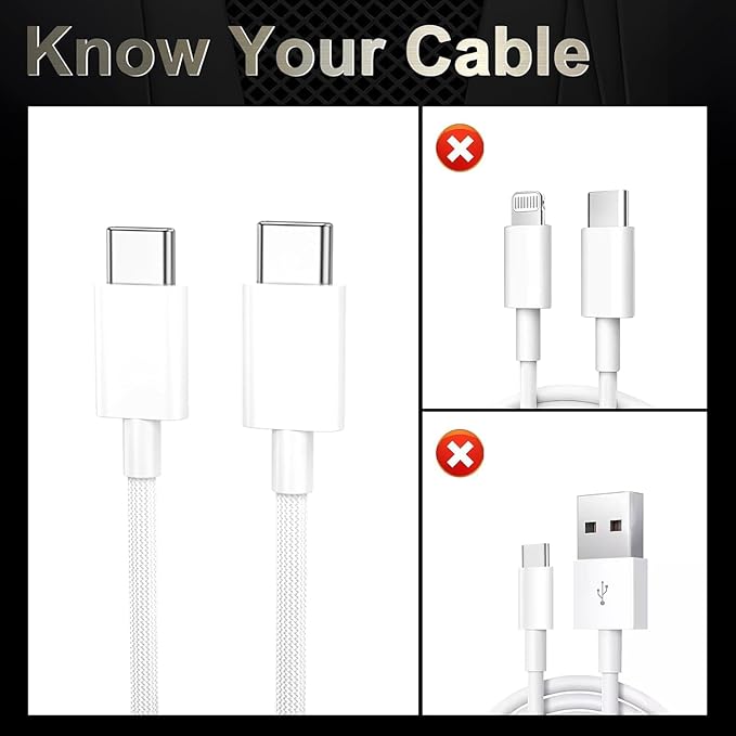 Quntis USB C to USB C Cable 6FT 3Pack - Type-C 60W Nylon Braided Charger Cord Fast Charging for iPhone 17 16 15 Series, iPad mini 6, Pixel and More, White