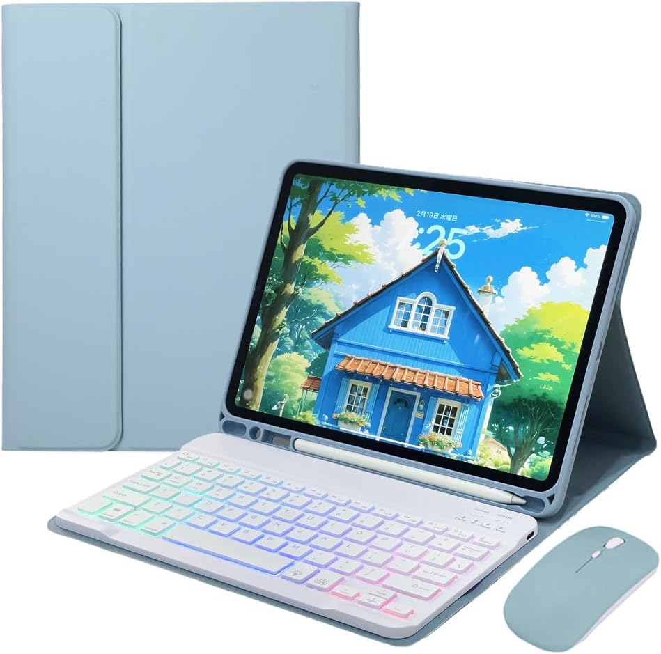 Keyboard Case for iPad Air 11-inch M3/M2 (2025/2024)/ Air 5th 4th Generation 10.9" with Mouse and Rainbow Backlit Magnetic Detachable Bluetooth Keyboard Cover,Misty Blue