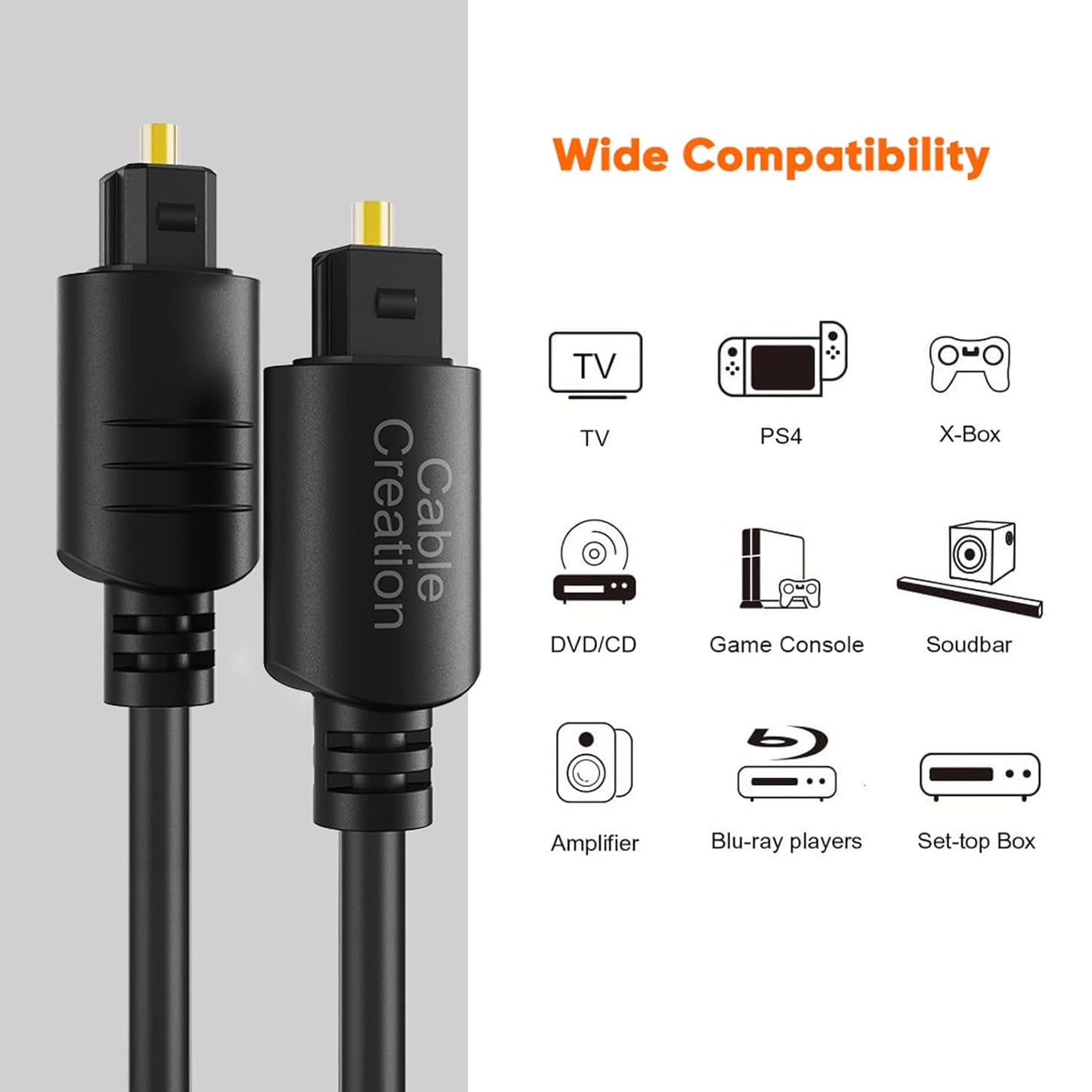 CableCreation 12FT Digital Optical Audio Cable, Toslink Cable Male to Male Digital Optical Cable with Gold-Plated Connector for Home Theater, Sound Bar, VD/CD Player,Blu-ray Players &More