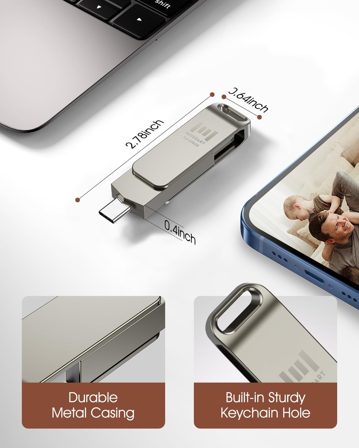 MOSDART 256GB USB3.1 Fast Speed C and A Dual Flash Drive, exFAT Memory Stick with Keychain Loop, for iPhone 15 and 16, Android Phone, iPad, MacBook, Silver