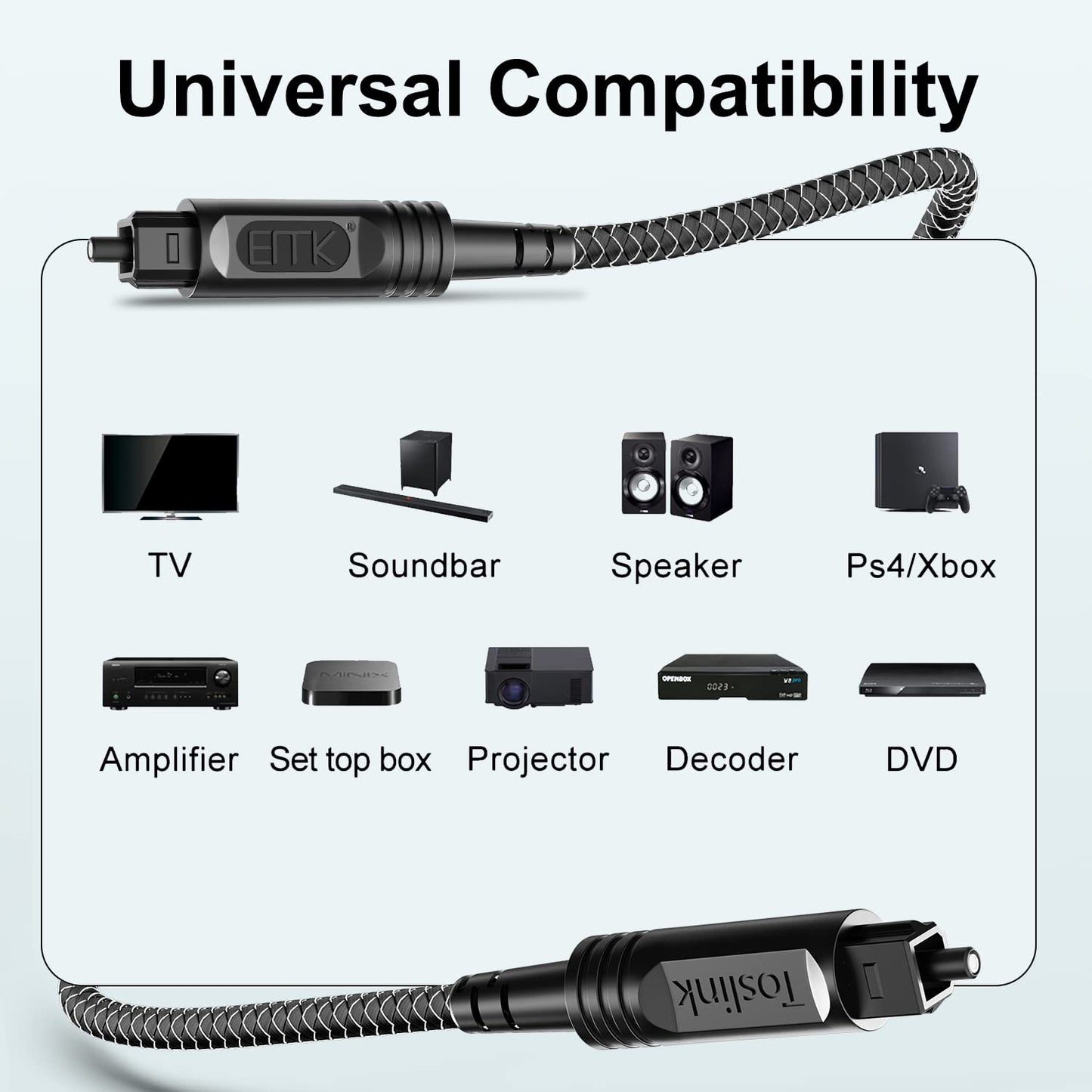EMK Digital Optical Audio Cable [24 Feet/7.6M] - Slim Nylon Braided Toslink Fiber Optic Cable for Sound Bar, TV, Home Theater, PS4, Xbox, Blu-Ray Player & More - High-Speed SPDIF (Black1)