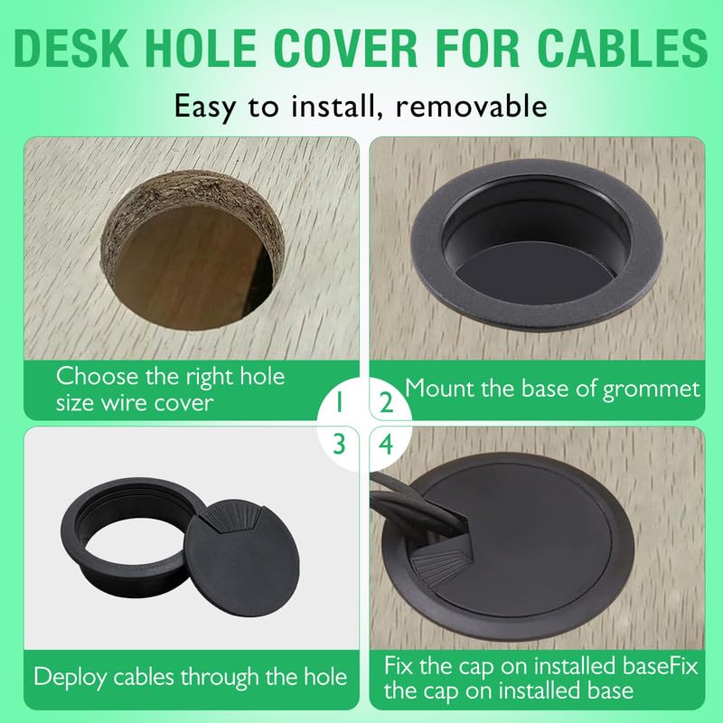 2 Pcs Desk Grommet 2-1/16" / 53 mm, Desk Cord Hole Cover, Cable Grommet ABS Plastic, Desk Hole Grommet for Home & Office Pc, Detachable Adjustable Cable Cord Organizer-Black