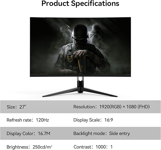27" Full HD (1920 x 1080) Gaming Office Monitor Fast-IPS Panel FreeSync Compatible 120Hz Refresh sRGB 100% 16.70 Million Colors VESA 100 * 100mm Compatible HDMI & VGA Ports（R27 Velo）