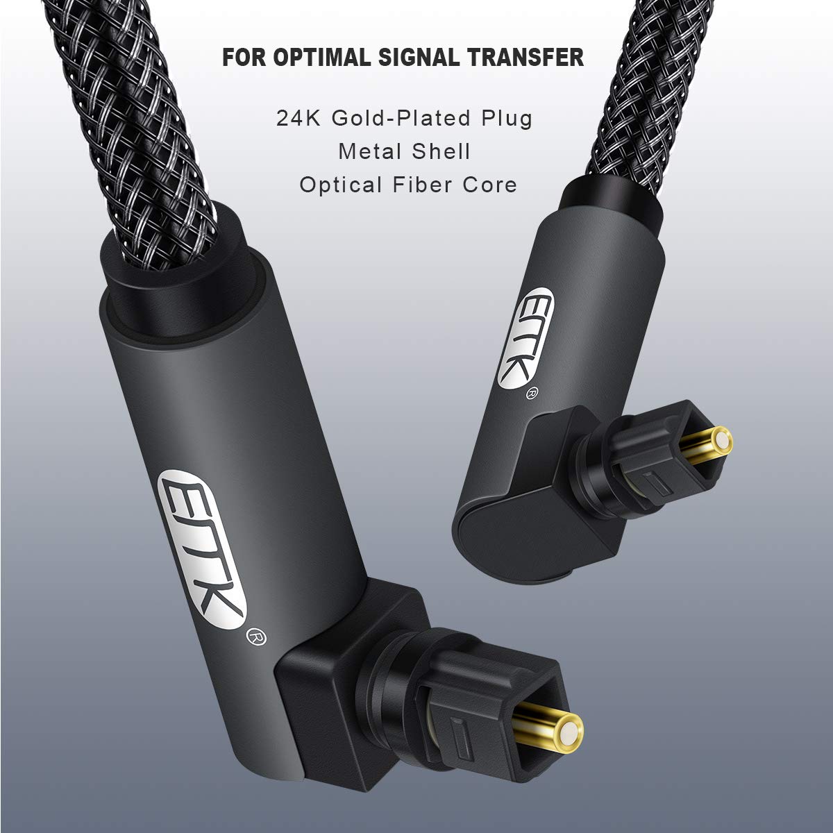 EMK 【Upgraded】 Double 90 Degree Optical Audio Cable Free-Rotating Toslink Plug Nylon Braided S/PDIF Digital Right Angle Optical Male to Male Cable for Home Theater,Sound Bar,TV(6.6ft/2m)