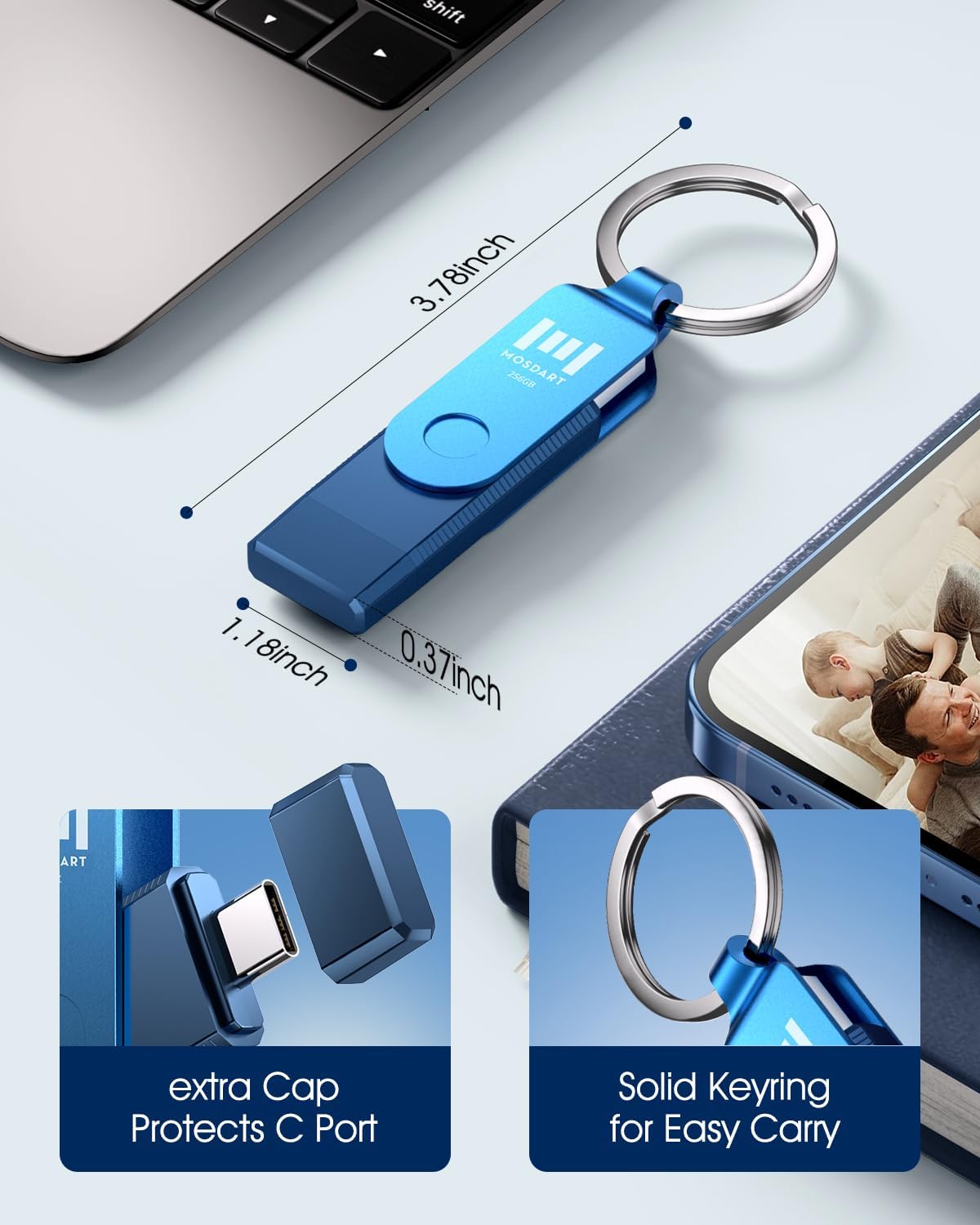 MOSDART 256GB Dual USB C Flash Drive, Speed Up to 150MB/S Type C 3.1 Thumb Drive with Keychain, for iPhone 15 and 16, Android Phone, iPad, MacBook, and Laptops, Navy Blue