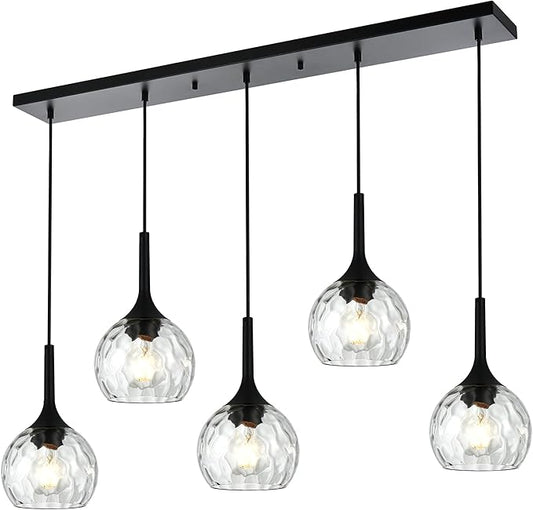 VINLUZ 5-Light Hanging Pendant Kitchen Island Light in Classic Black Finish with Ribbed Glass Shades, Modern Chandelier for Dining Room & Hallway