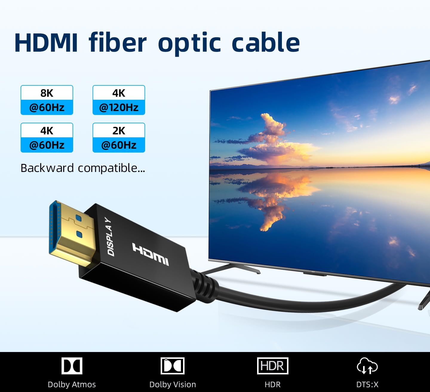8K HDMI Fiber Optic Cable 50ft, 4K120 8K@60Hz HDMI 2.1 Cable, 48Gbps Ultra High Speed Slim HDMI Optical Audio Cable HDMI Cord, eARC HDR10 HDCP 2.2 Compatible with PS5 Xbox TV Projector