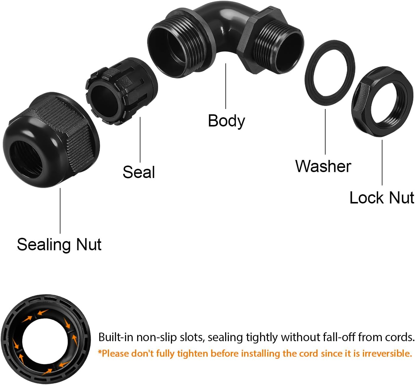 LeMotech M16 Cable Gland, 90 Degree Adjustable 6-10mm Strain Relief, Cord Connectors Nylon Joints with Gaskets, 6 Pcs, Black