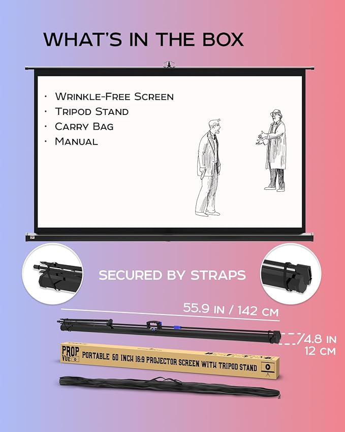 Projector Screen with Stand 60 inch - Indoor and Outdoor Projection Screen for Movie or Office Presentation - 16:9 HD Premium Wrinkle-Free Tripod Screen for Projector with Carry Bag and Tight Straps